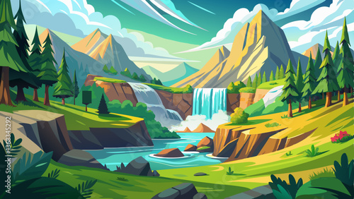 A breathtaking summer landscape where a cascading waterfall flows gently between green hills