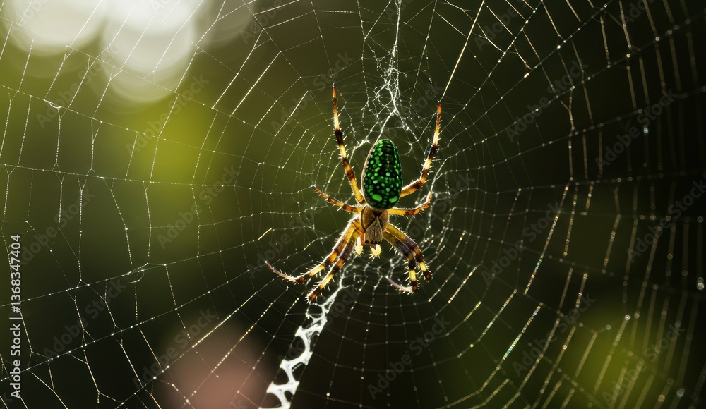 Green spider on web in forest highlighting nature's beauty and biodiversity. Green spider on web in forest highlighting nature's beauty and biodiversity.