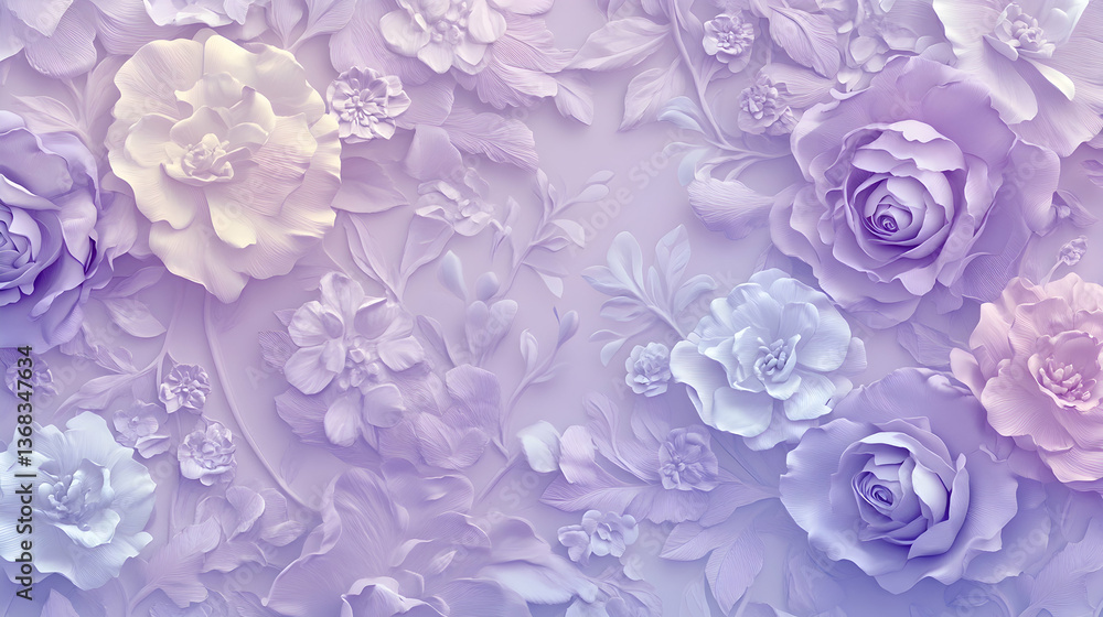 Elegant floral background with roses, leaves and petals in pastel lilac color palette Elegant floral background with roses, leaves and petals in pastel lilac color palette