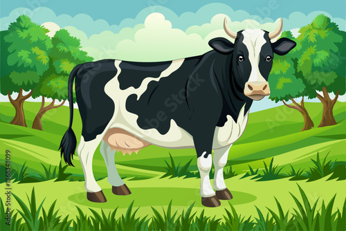 cow standing in green field farm with beautiful sky and grass
