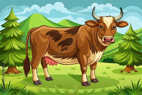 cow standing in green field farm with beautiful sky and grass