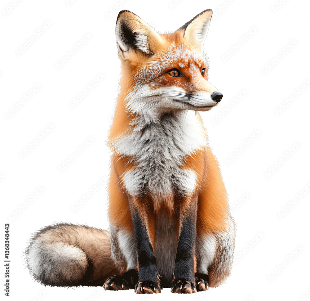 Fototapeta premium A realistic fox sitting on the ground, in a transparent background PNG