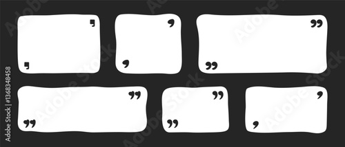 Doodle white social media shapes and frames with quote punctuation. Abstract isolated text box on black background. Speech bubble dialogue blobs