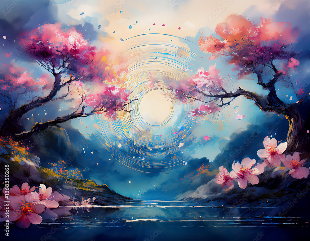 Obraz premium 無数の桜のパーティクルが浮遊し消えたり現れたりしながら幾何学的な線や円を描きながら舞う禅の思想を表現した背景イメージ