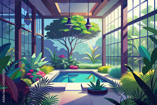 vector of Serene Indoor Garden: Tranquil view of a minimalist interior space featuring a lush, private garden visible through a large window. Soft lighting creates a calm atmosphere.
