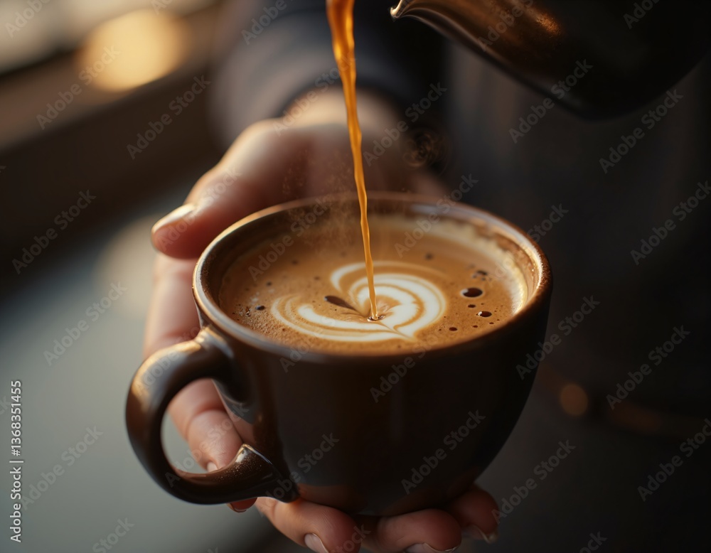 Barista pours a beautiful latte in a cozy coffee shop setting Barista pours a beautiful latte in a cozy coffee shop setting
