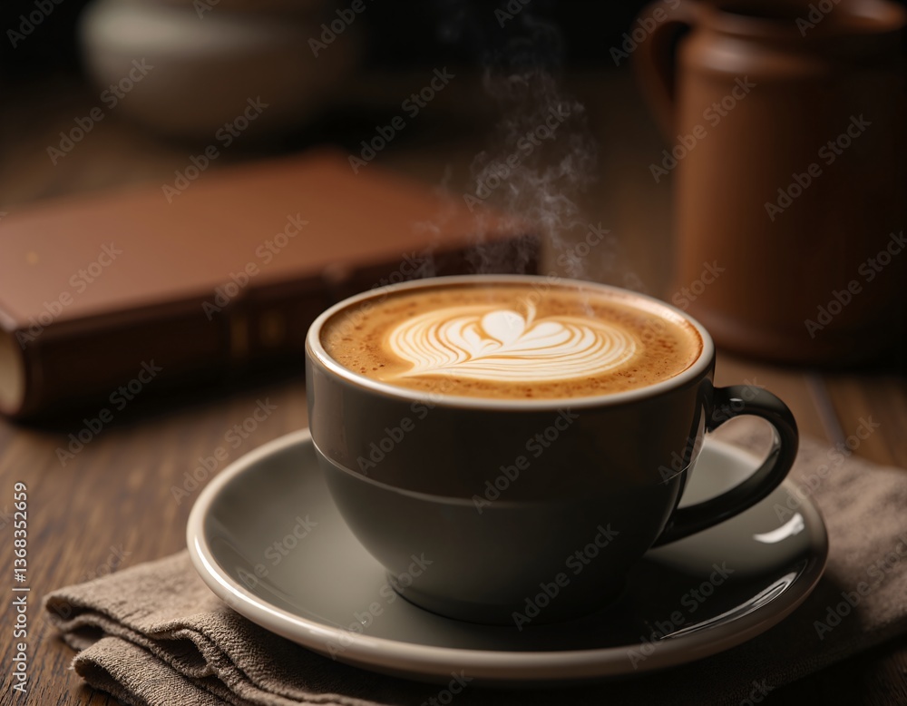 A warm cup of coffee with heart latte art A warm cup of coffee with heart latte art