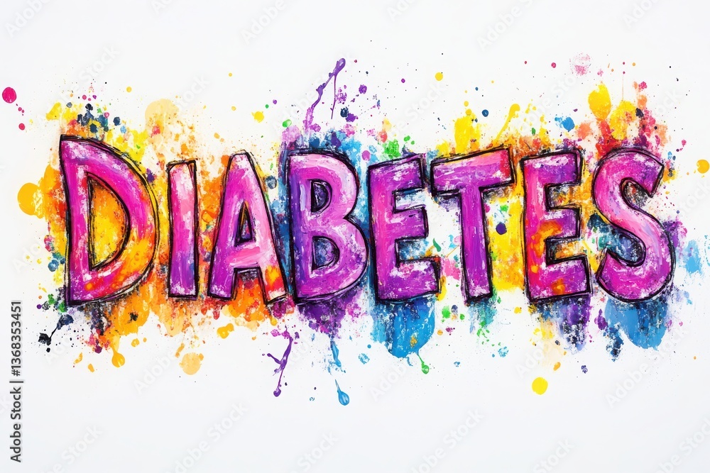 Diabetes In Vibrant Multicolored Paint-Splatter Letters On White Background For Eye-Catching Awareness Symbolism Diabetes In Vibrant Multicolored Paint-Splatter Letters On White Background For Eye-Catching Awareness Symbolism