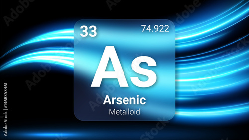 Arsenic (As) (033) Metalloid, Glass Morphism Element Futuristic Neon Light Glow Background Periodic Table, Chemical Symbol, Name, Atomic Mass, Atomic Number, Vector Illustration