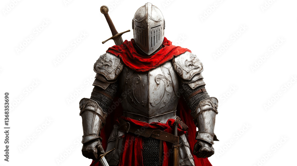 Fototapeta premium Medieval knight in shining armor with swords, epic, red cloak, cut out transparent