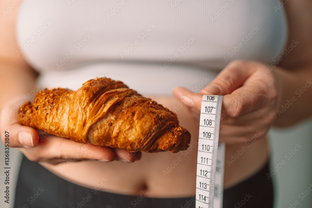 A woman holding a croissant in one hand and a measuring tape in the other, reflecting the challenge of balancing indulgent food with health and wellness goals. Concept of dieting and self-control