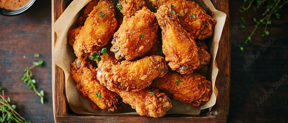 Crispy golden fried chicken wings in serving tray