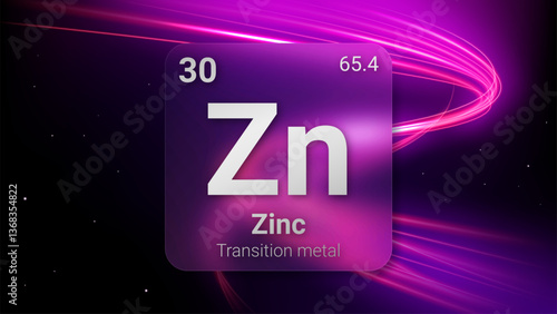 Zinc (Zn) (030) Transition Metal, Glass Morphism Element Futuristic Neon Light Glow Background Periodic Table, Chemical Symbol, Name, Atomic Mass, Atomic Number, Vector Illustration