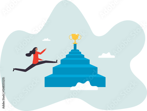 Woman success, step to achieve career success, motivation to grow career path, growth, climb up stair to reach goal.character for design.
