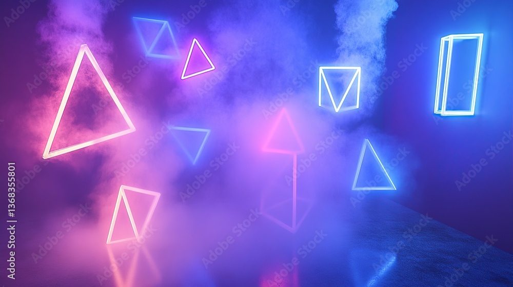 Floating Geometric Shapes in a Neon Fog, Suspended in a Void Floating Geometric Shapes in a Neon Fog, Suspended in a Void