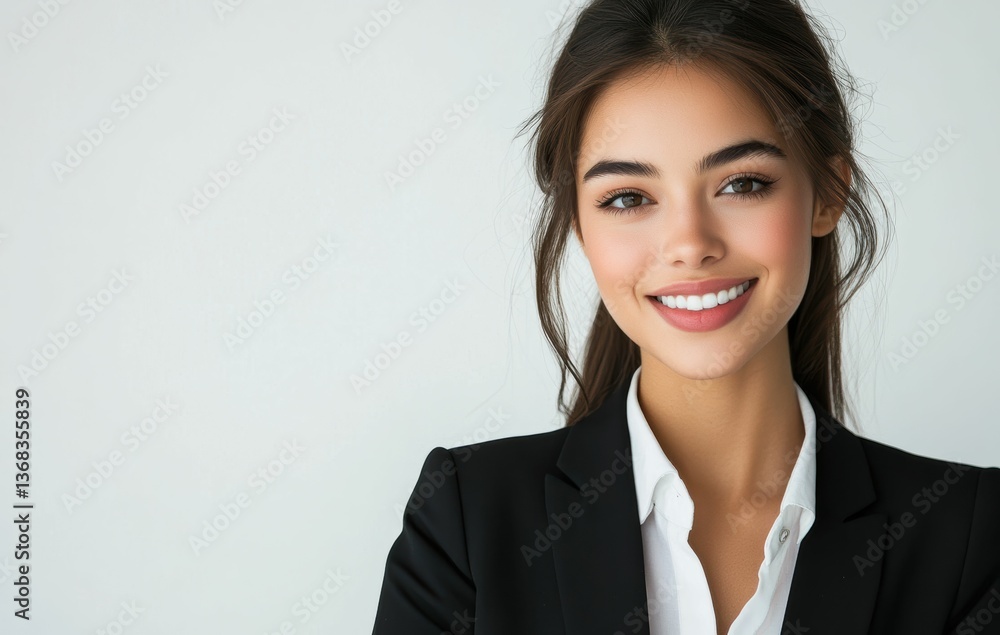 Dressed in a tailored black suit, a self assured caucasian businesswoman poses against a minimalistic background, embodying strength and elegance. Dressed in a tailored black suit, a self assured caucasian businesswoman poses against a minimalistic background, embodying strength and elegance.