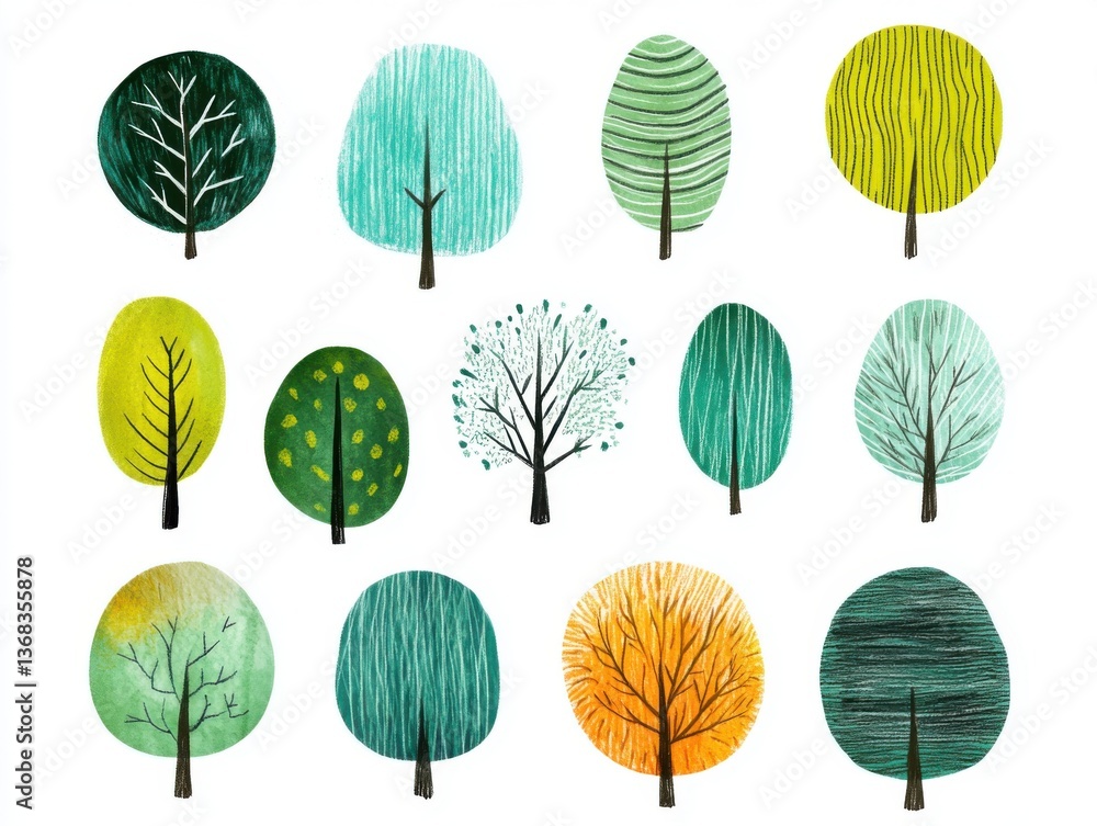 Fototapeta premium Playful naive hand drawn trees collection for nature inspired designs
