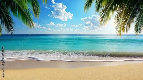 Wallpaper Mural Tropical beach scene, sunlit waves, palm trees, ideal for travel brochures, postcards Torontodigital.ca