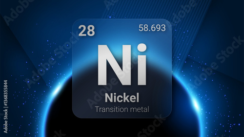 Nickel (Ni) (028) Transition Metal, Glass Morphism Element Futuristic Neon Light Glow Background Periodic Table, Chemical Symbol, Name, Atomic Mass, Atomic Number, Vector Illustration