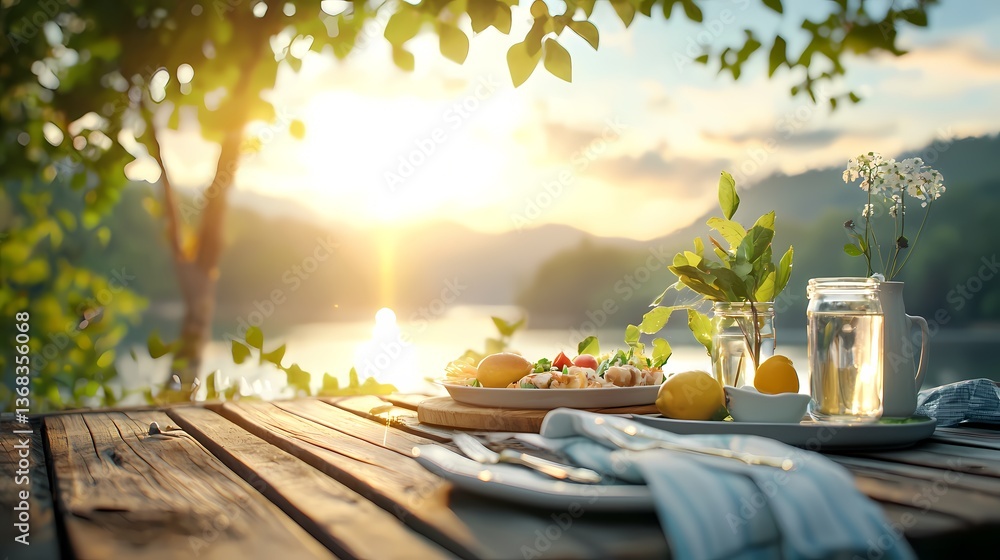 Obraz premium Cozy and Inviting Family Dinner on a Wooden Deck at Sunset with a Warm and Serene Atmosphere. Gathering, Bonding, and Enjoying Time Together Outdoors.