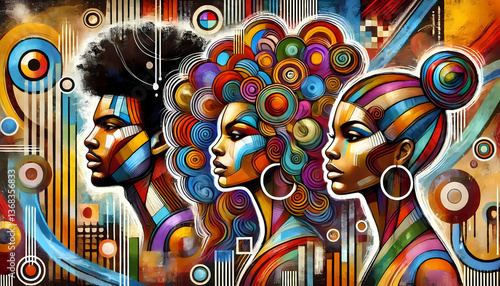 Stylized Afrofuturist illustration of three Black persons with vibrant hairstyles, celebrating Black identity and pride.
