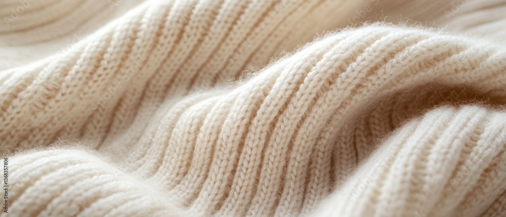 Cozy close-up of soft beige knitted fabric with textured wavy patterns in woolen material Cozy close-up of soft beige knitted fabric with textured wavy patterns in woolen material
