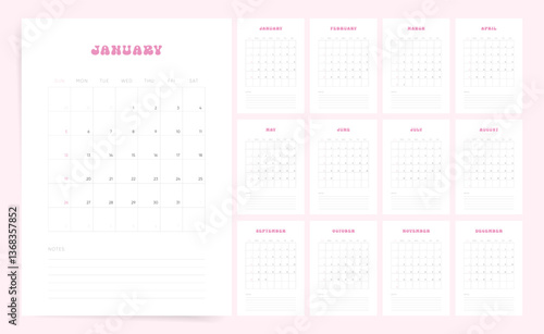 2026 Feminine Calendar Template. Week starts Sunday. Elegant desktop planner with gentle pink accents. Simple calendar for notes and plans. Vector editable 2026 calendar in English.
