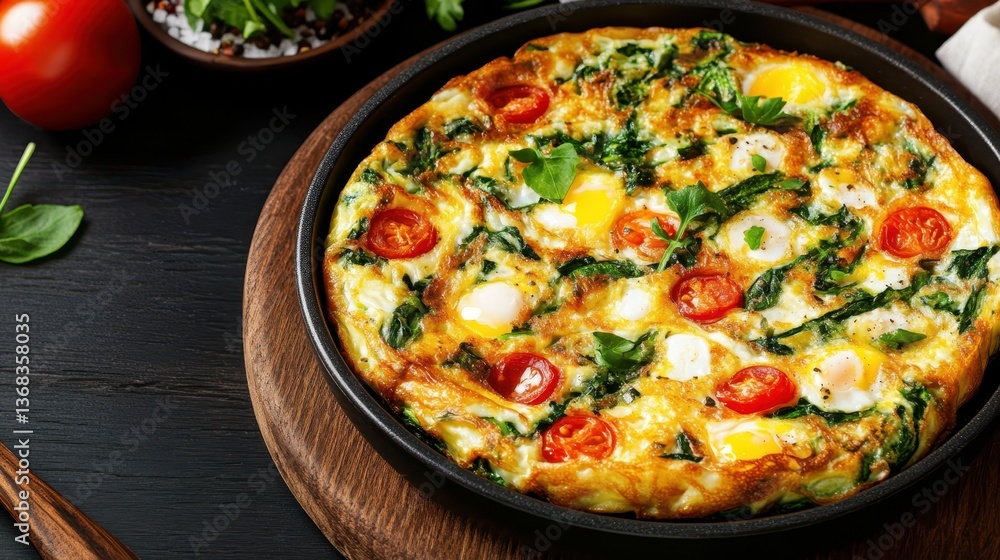 Omelet pan fluffy concept. A vibrant frittata with spinach, cherry tomatoes, and herbs, served in a skillet on a wooden board, highlighting delicious, wholesome ingredients. Omelet pan fluffy concept. A vibrant frittata with spinach, cherry tomatoes, and herbs, served in a skillet on a wooden board, highlighting delicious, wholesome ingredients.