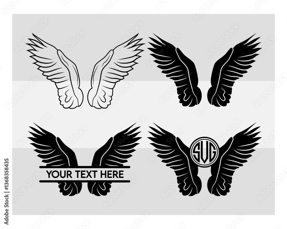 Obraz premium Angel Wings, SVG Bundle, Angel Wings svg, Wings Svg, Circut Cut Files Silhouette, Memorial Svg, Heart Svg, Wings Silhouette, Wings Clipart, Vcetor, Outline, Eps, Cut file, Flower Outline,