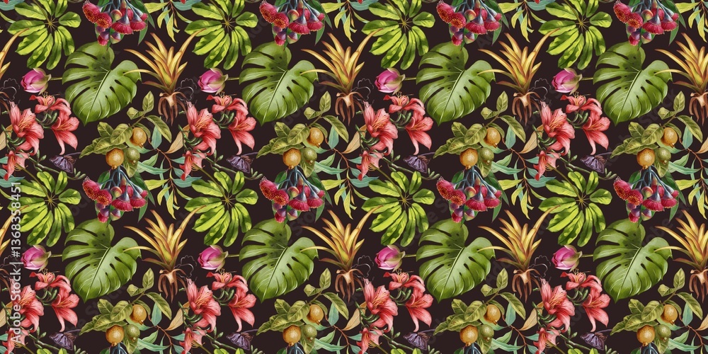 Seamless pattern with tropical flowers and leaves. Seamless pattern with tropical flowers and leaves.
