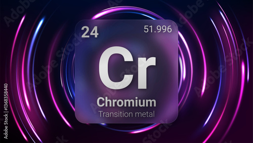 Chromium (Cr) (024) Transition Metal, Glass Morphism Element Futuristic Neon Light Glow Background Periodic Table, Chemical Symbol, Name, Atomic Mass, Atomic Number, Vector Illustration