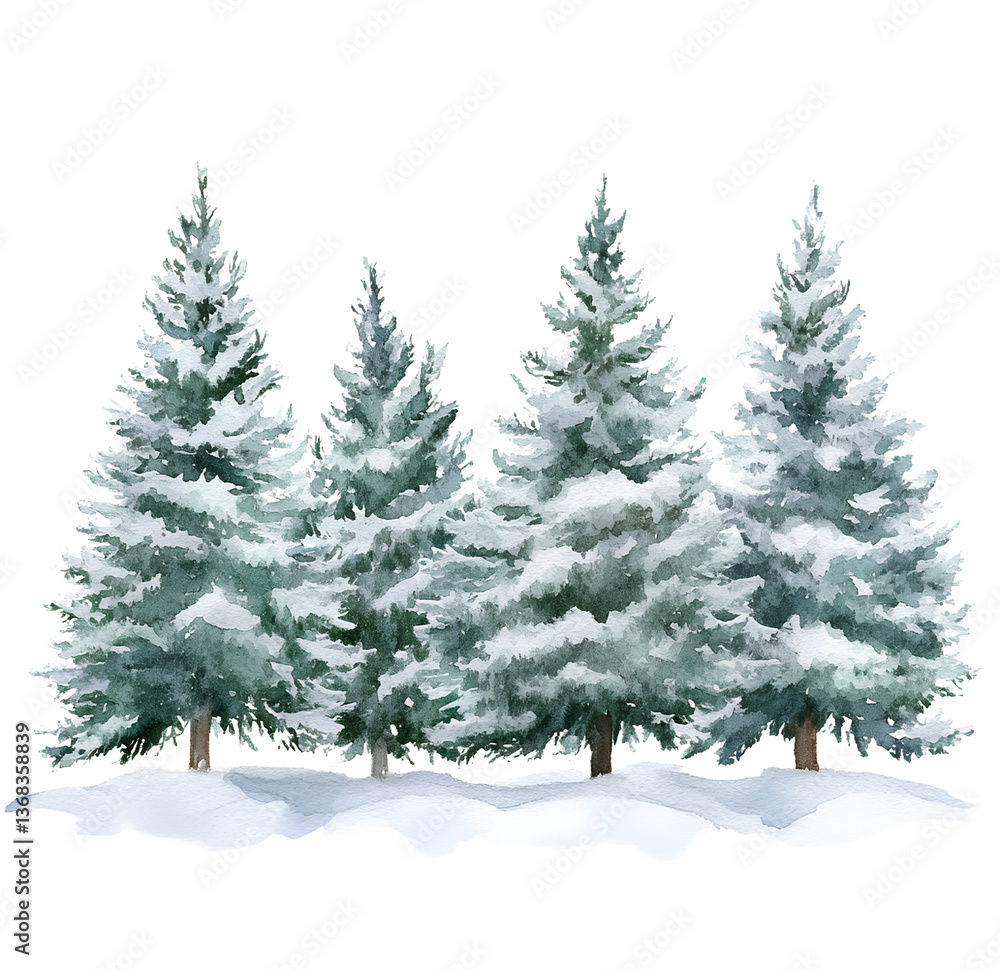 Fototapeta premium A row of watercolor pine trees covered in snow, isolated on a transparent background, PNG