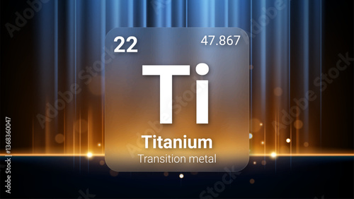 Titanium (Ti) (022) Transition Metal, Glass Morphism Element Futuristic Neon Light Glow Background Periodic Table, Chemical Symbol, Name, Atomic Mass, Atomic Number, Vector Illustration