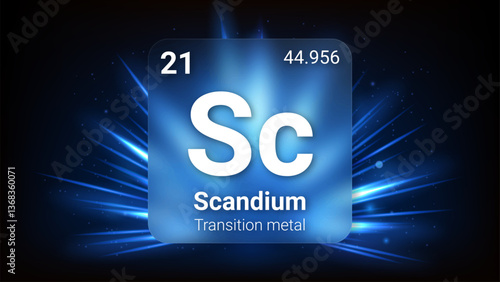 Scandium (Sc) (021) Transition Metal, Glass Morphism Element Futuristic Neon Light Glow Background Periodic Table, Chemical Symbol, Name, Atomic Mass, Atomic Number, Vector Illustration