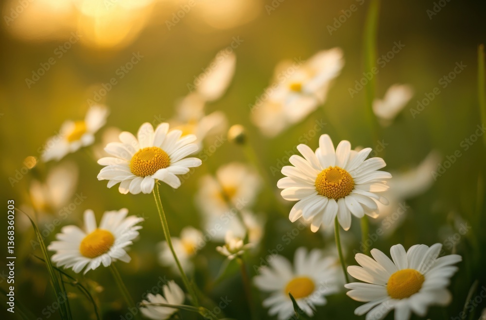 Fototapeta premium Close-up of delicate white daisies in a lush green meadow,