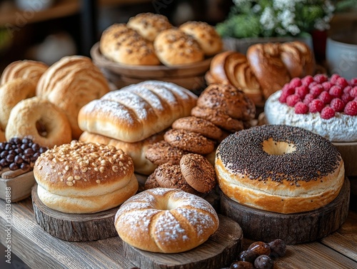 Wallpaper Mural Delicious Assortment of Breads, Cookies, and Raspberry Cake Displayed on Rustic Wooden Boards, Showcasing a Bakery's Variety and Artisan Craftsmanship. Torontodigital.ca