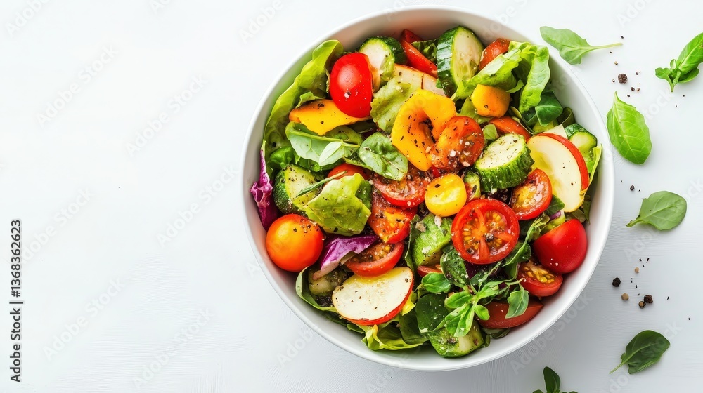 A bowl of fresh salad with colorful vegetables placed on a white background. A bowl of fresh salad with colorful vegetables placed on a white background.