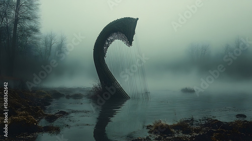 Surreal harp sculpture emerging from misty waters, surrounded by eerie trees in twilight