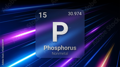 Phosphorus (P) (015) Nonmetal, Glass Morphism Element Futuristic Neon Light Glow Background Periodic Table, Chemical Symbol, Name, Atomic Mass, Atomic Number, Vector Illustration
