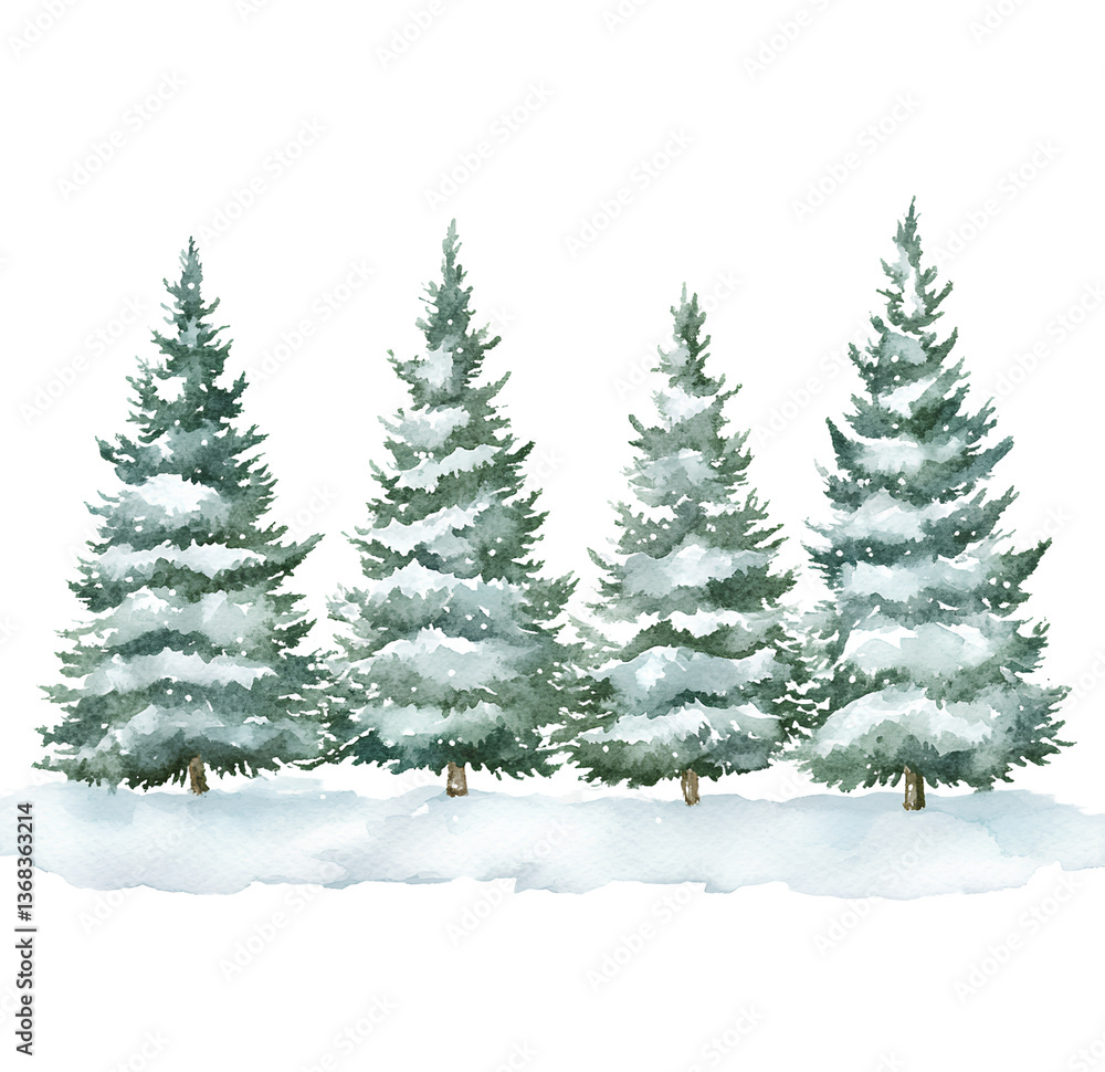 A row of watercolor pine trees covered in snow, isolated on a transparent background, PNG A row of watercolor pine trees covered in snow, isolated on a transparent background, PNG
