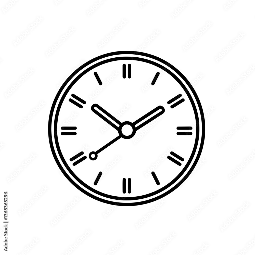 Classic round analog wall clock with black hands and hour markers in a minimalistic black and white design. Classic round analog wall clock with black hands and hour markers in a minimalistic black and white design.