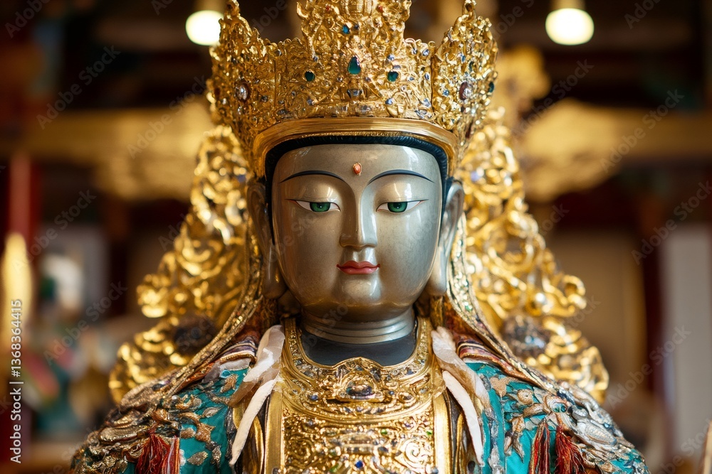 Close up of a majestic buddha statue, adorned with a golden crown and intricate details, radiating serenity within a temple's tranquil atmosphere Close up of a majestic buddha statue, adorned with a golden crown and intricate details, radiating serenity within a temple's tranquil atmosphere