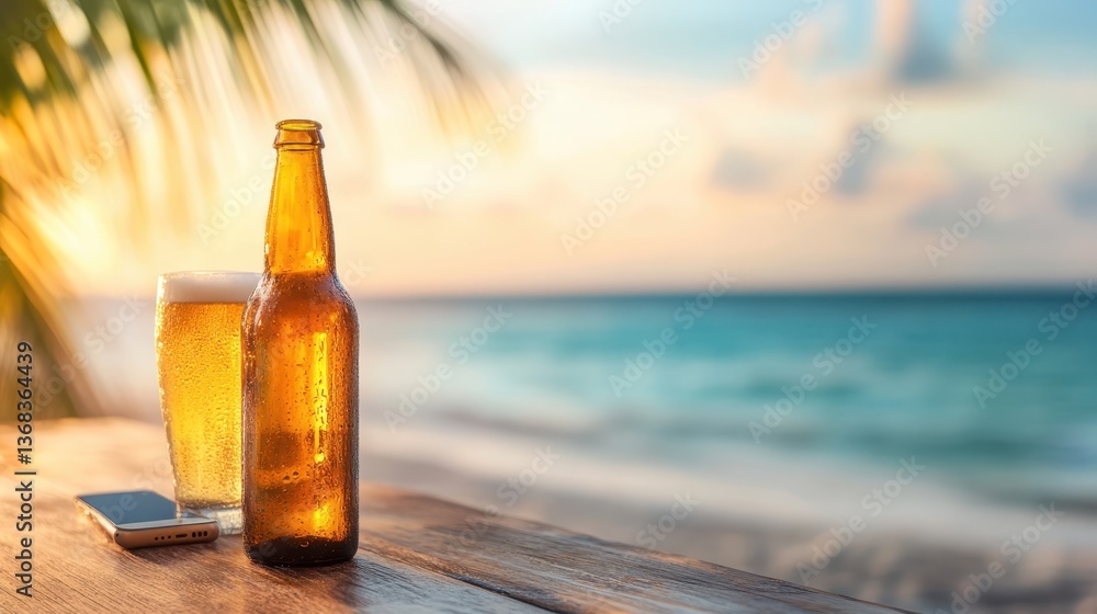 A clear glass and a beer bottle are placed on a wooden table, embodying summer vibes and laid-back holiday spirit against the scenic backdrop of a tranquil beach sunset. A clear glass and a beer bottle are placed on a wooden table, embodying summer vibes and laid-back holiday spirit against the scenic backdrop of a tranquil beach sunset.