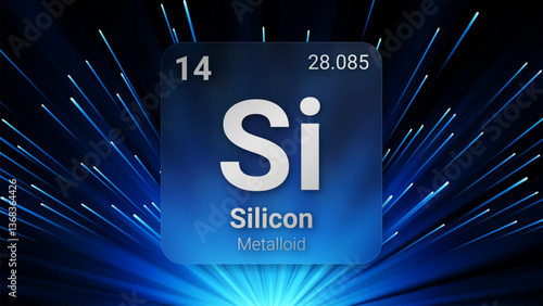 Silicon (Si) (014) Metalloid, Glass Morphism Element Futuristic Neon Light Glow Background Periodic Table, Chemical Symbol, Name, Atomic Mass, Atomic Number, Vector Illustration
