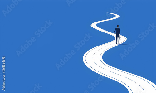 Individual Walking on Winding Pathway Against Blue Background