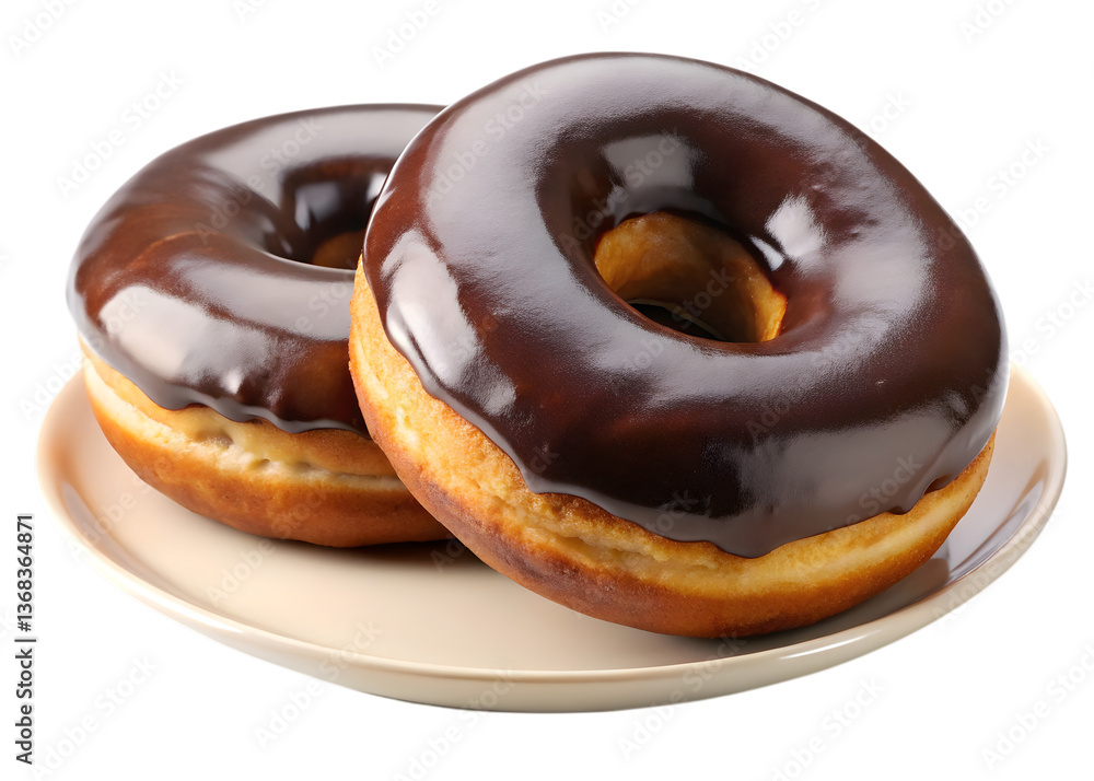 Sweet Duet: Two luscious donuts, glazed to perfection with rich chocolate, rest invitingly on a simple plate, capturing a moment of sweet indulgence. Sweet Duet: Two luscious donuts, glazed to perfection with rich chocolate, rest invitingly on a simple plate, capturing a moment of sweet indulgence.