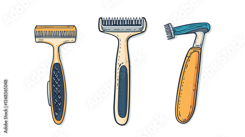 Set of grooming tools including a razor, comb, and brush designed in a modern style for personal care routines