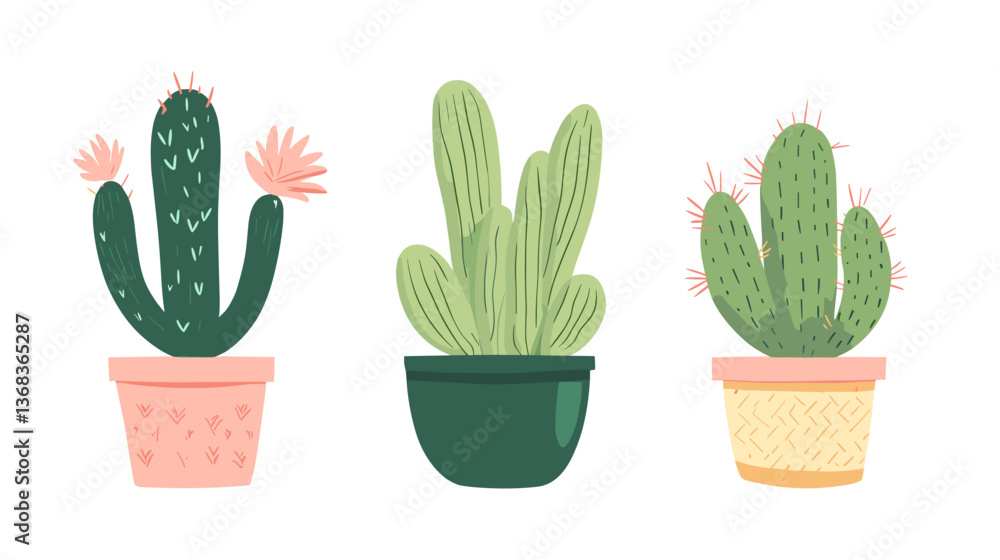 Colorful modern illustration of a set of cacti in decorative pots showcasing diverse plant shapes and vibrant details Colorful modern illustration of a set of cacti in decorative pots showcasing diverse plant shapes and vibrant details