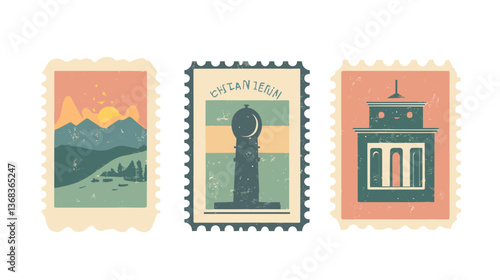 Artistic illustration set of vintage-style stamps featuring landscapes and monuments in a modern design format