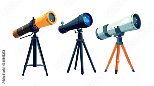 Set of modern telescopes on tripod stands designed for stargazing and planetary observation in various styles